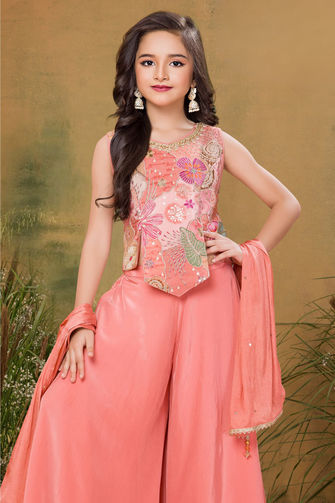 Peach Sequins and Zari work with Multicolor Digital Print Choli and Palazzo Set for Girls