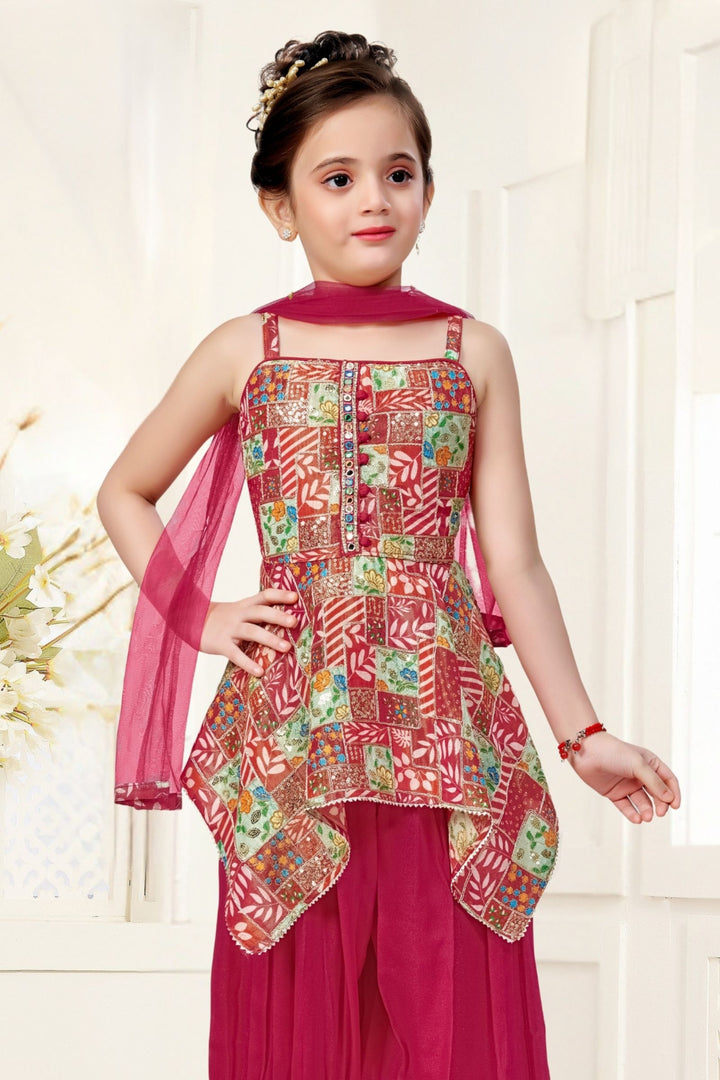 Rani Pink Sequins, Mirror and Stone work with Multicolor Digital Print Joggers Set for Girls