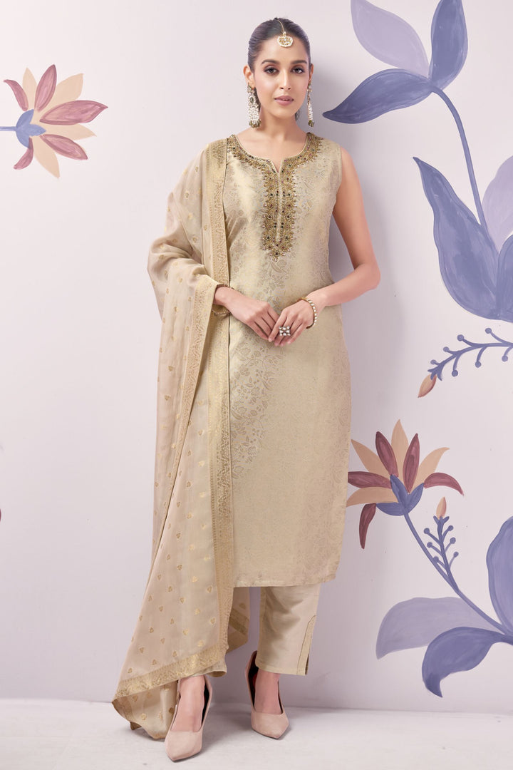 Cream Brocade, Kundan, Zardozi, Beads and Stone work Straight Cut Salwar Suit