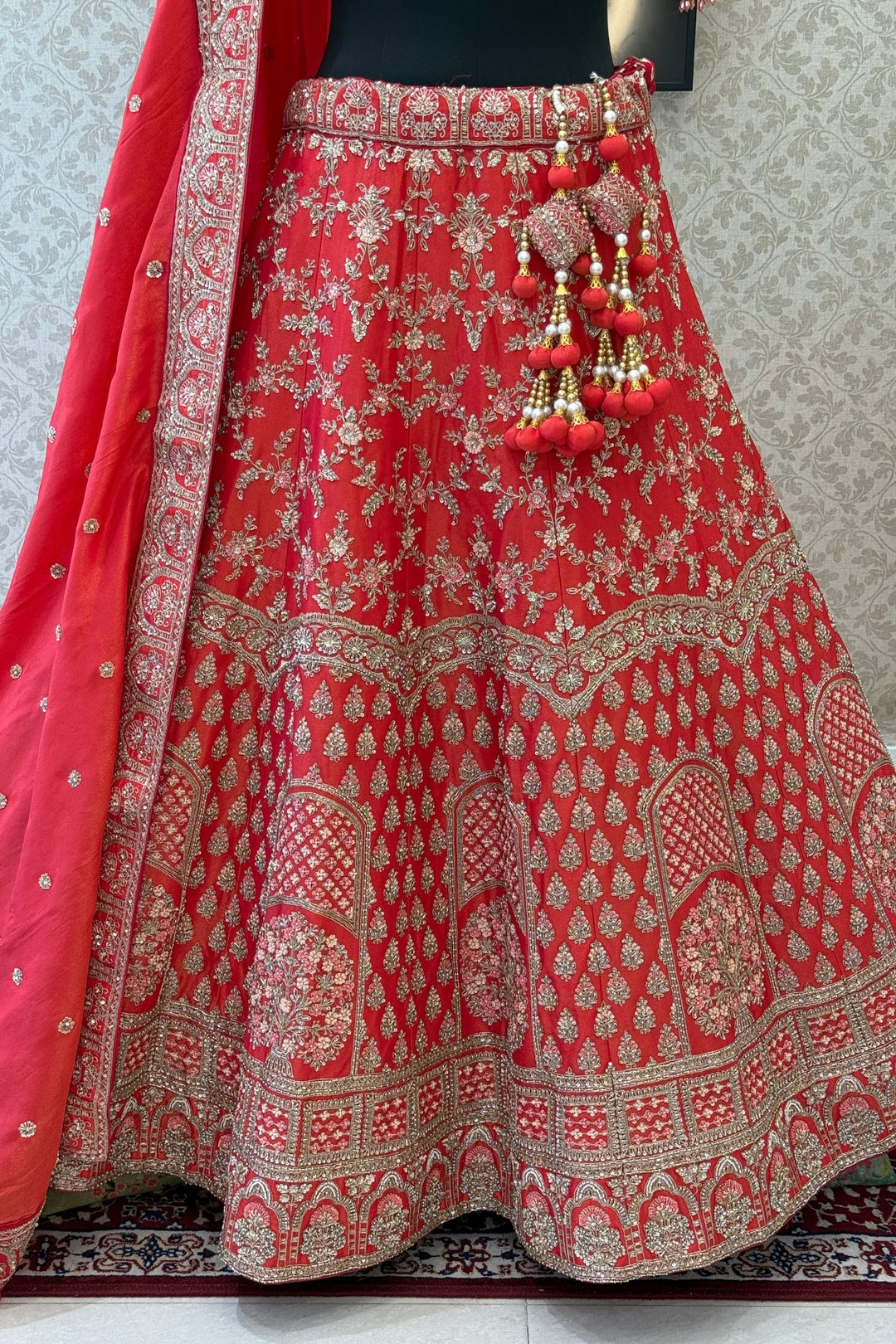 Tomato Red Beads, Zardozi, Sequins and Zari work Crop Top Designer Bridal Lehenga