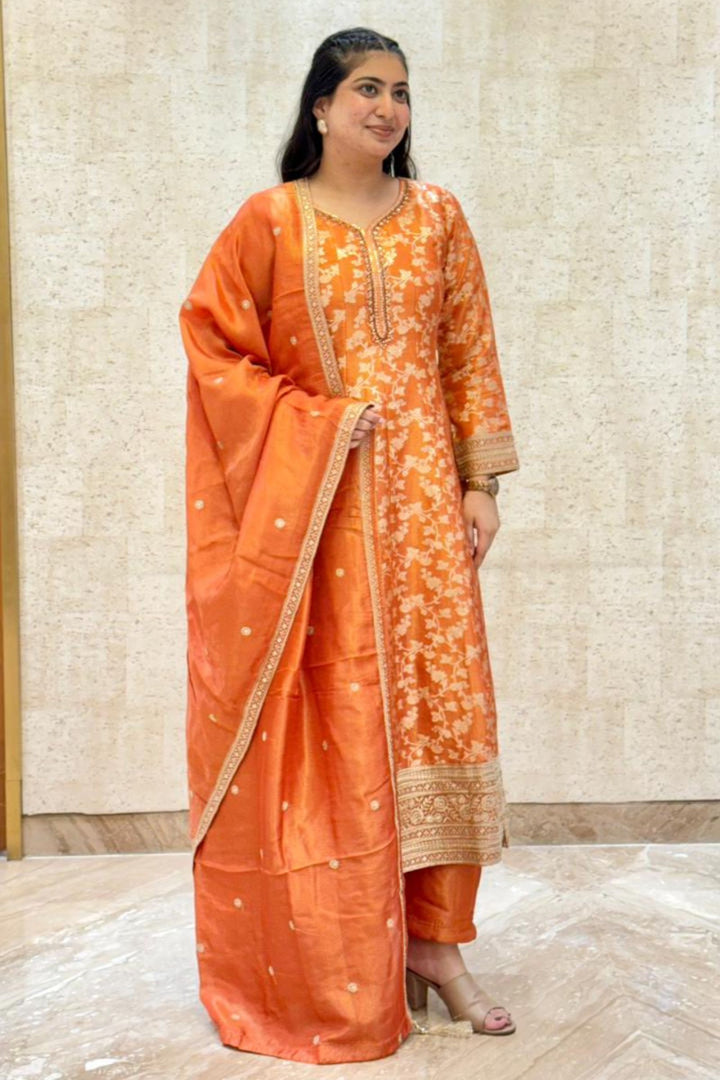 Orange Banaras, Beads, Sequins, Stone and Zari work Anarkali Style Salwar
