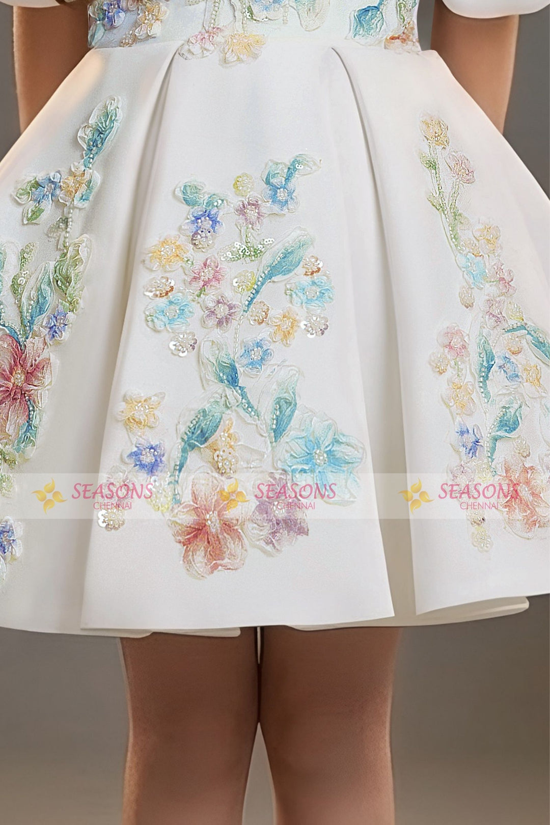 Half White Beads and Floral Applique work Short Partywear Frock for Girls