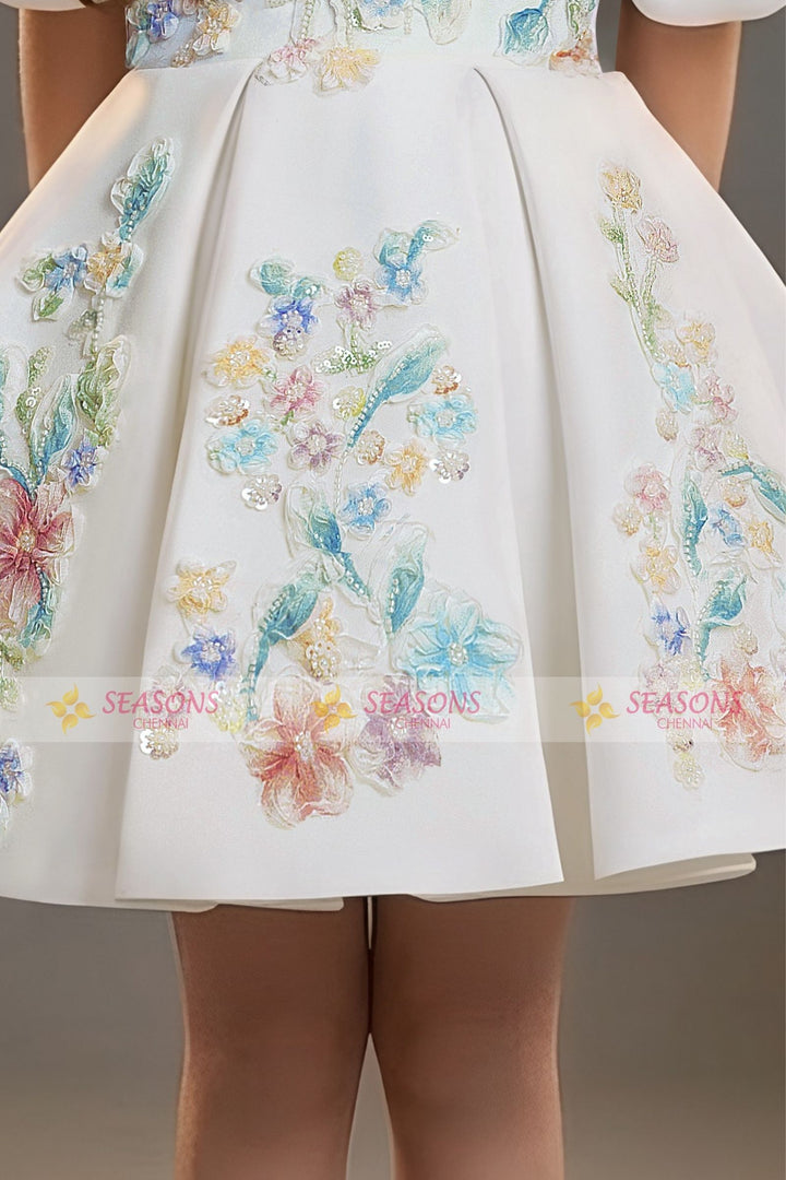 Half White Beads and Floral Applique work Short Partywear Frock for Girls