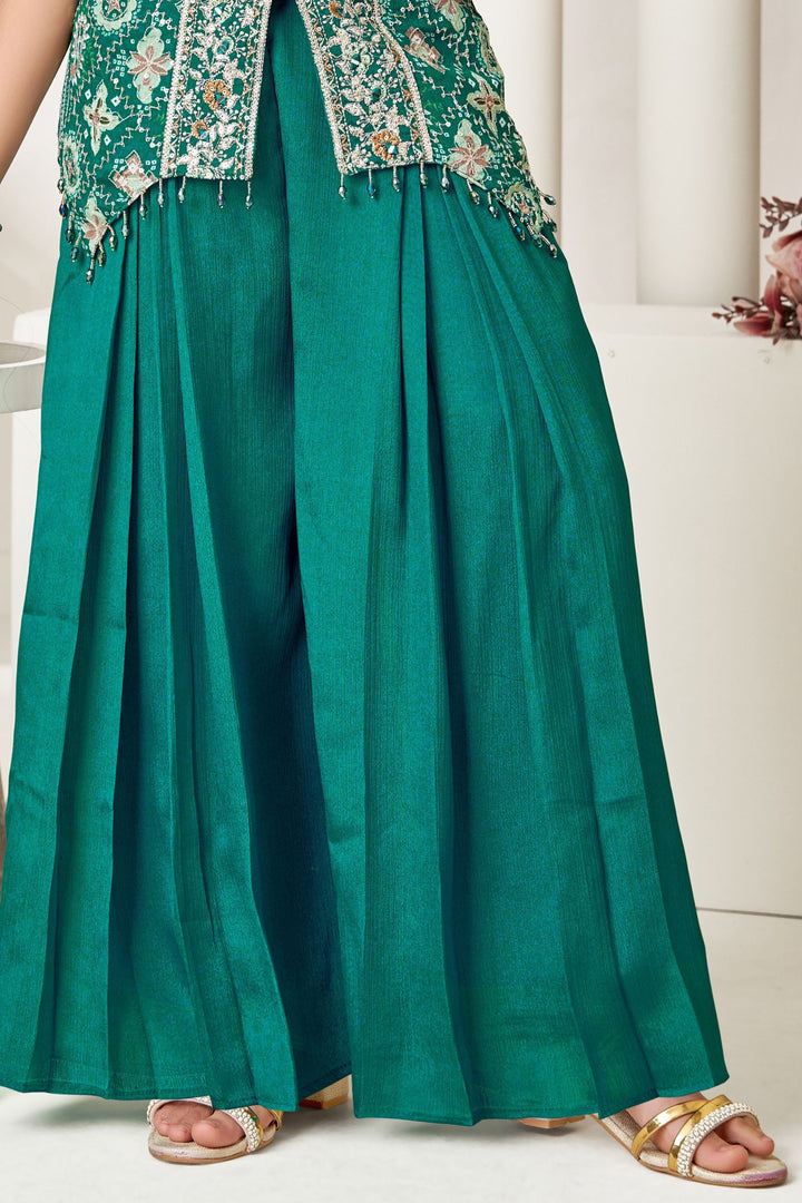 Rama Green Zari, Mirror and Sequins work with Digital Print Palazzo Suit Set for Girls