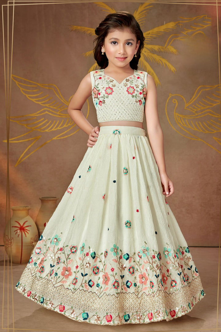 Cream Multicolor Embroidery, Sequins and Beads work Lehenga Choli for Girls