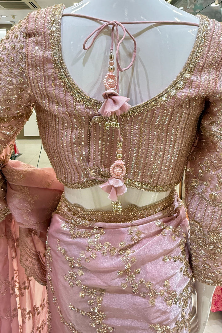 Rose Pink Zari, Beads and Sequins work Saree