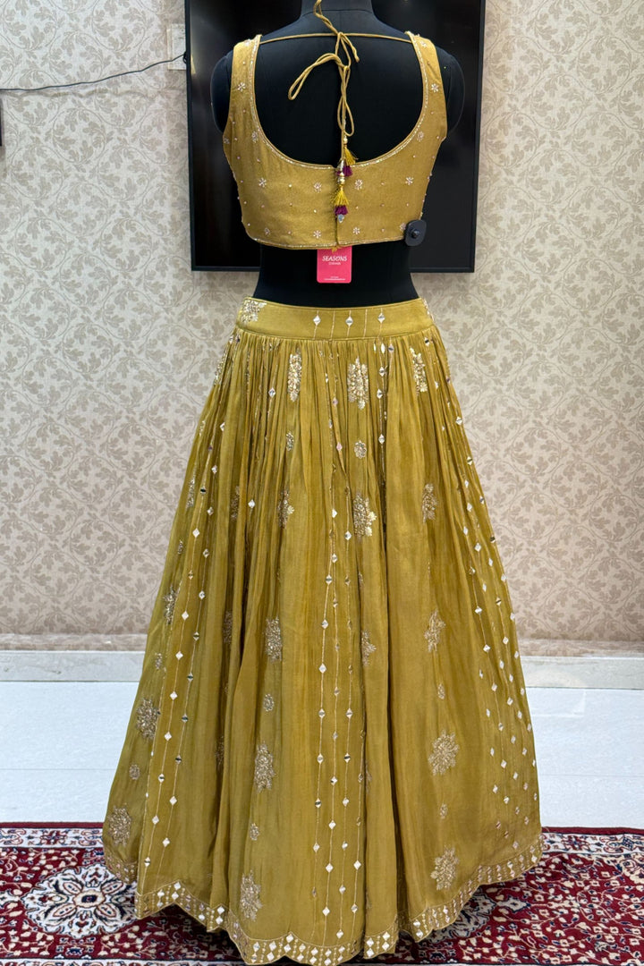 Olive Green Mirror, Beads, Zardozi and Sequins work Crop Top Lehenga