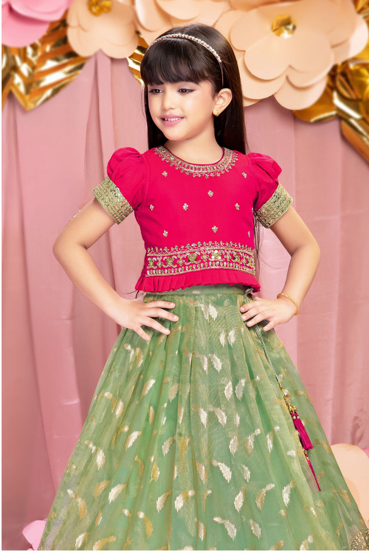 Rani Pink with Sea Green Zardozi, Sequins and Zari Weaving work Lehenga Choli for Girls