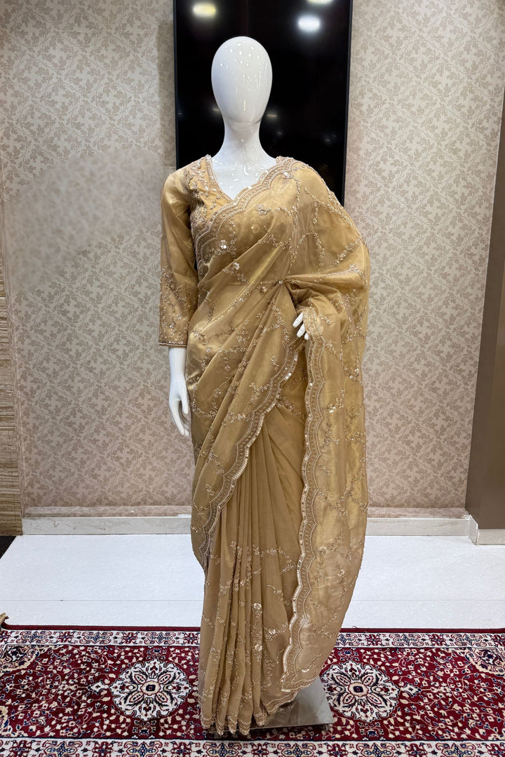 Gold Beads, Sequins, Peral and Zari work Saree