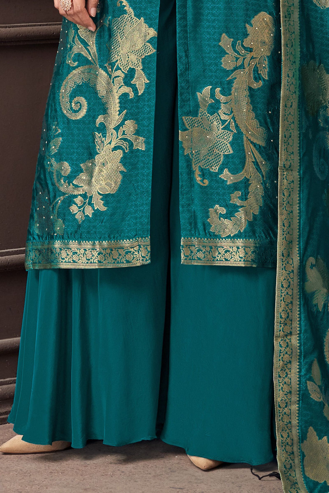 Rama Blue Banaras, Zardozi, Zari, Sequins, Stone and Jacquard work Palazzo Salwar Suit