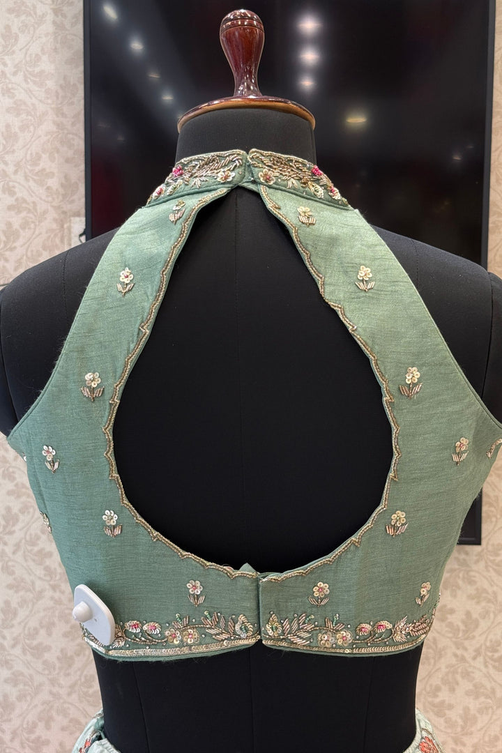 Sea Green Zardozi, Sequins, Beads, Thread and Zari work with Halter Neck Lehenga