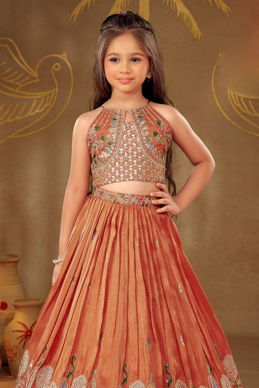 Orange Zari Thread, Sequins and Multicolor Embroidery work Lehenga Choli for Girls