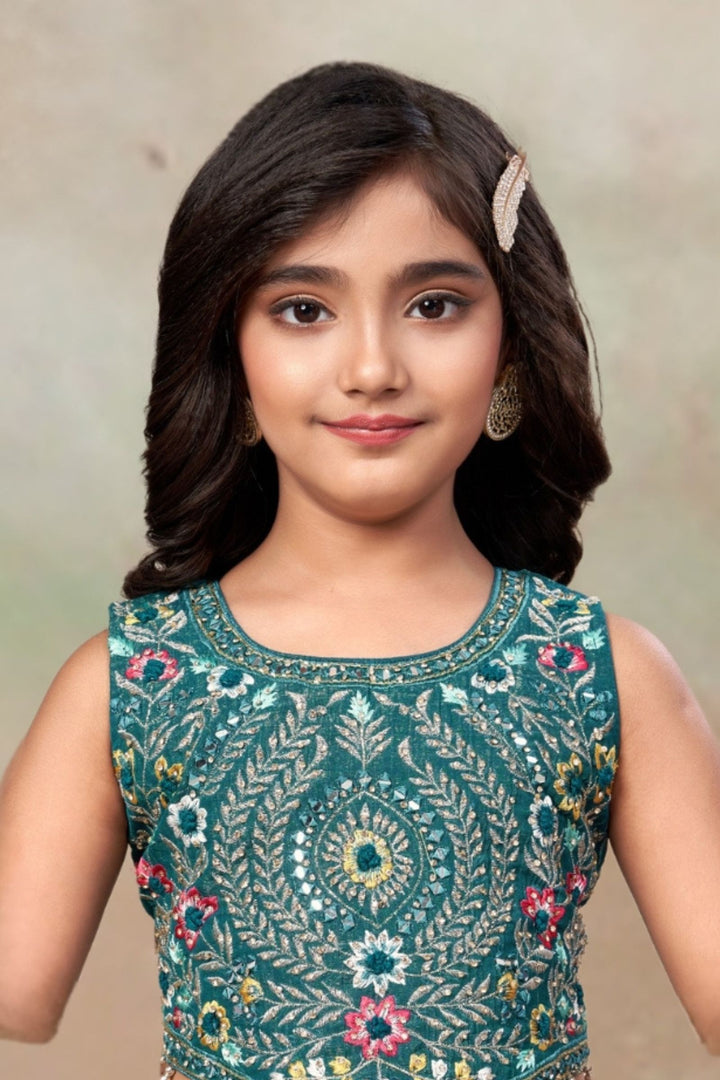 Rama Green Zari, Multicolor Embroidery and Beads work Choli and Palazzo Set for Girls