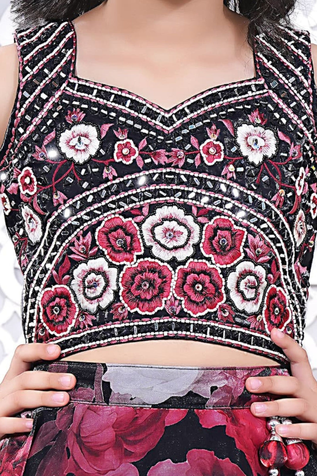 Black Beads, Mirror and Embroidery work with Floral Print Lehenga Choli for Girls