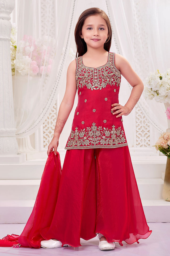 Rani Pink Beads and Zari work Palazzo Suit Set for Girls