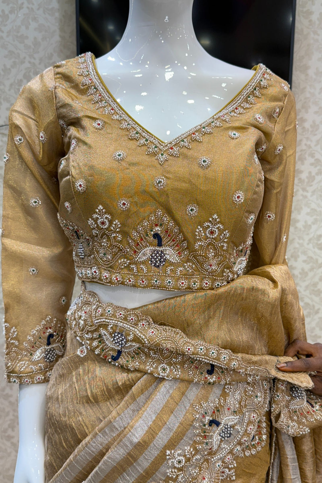 Gold Beads, Sequins, Zari and Thread work Saree