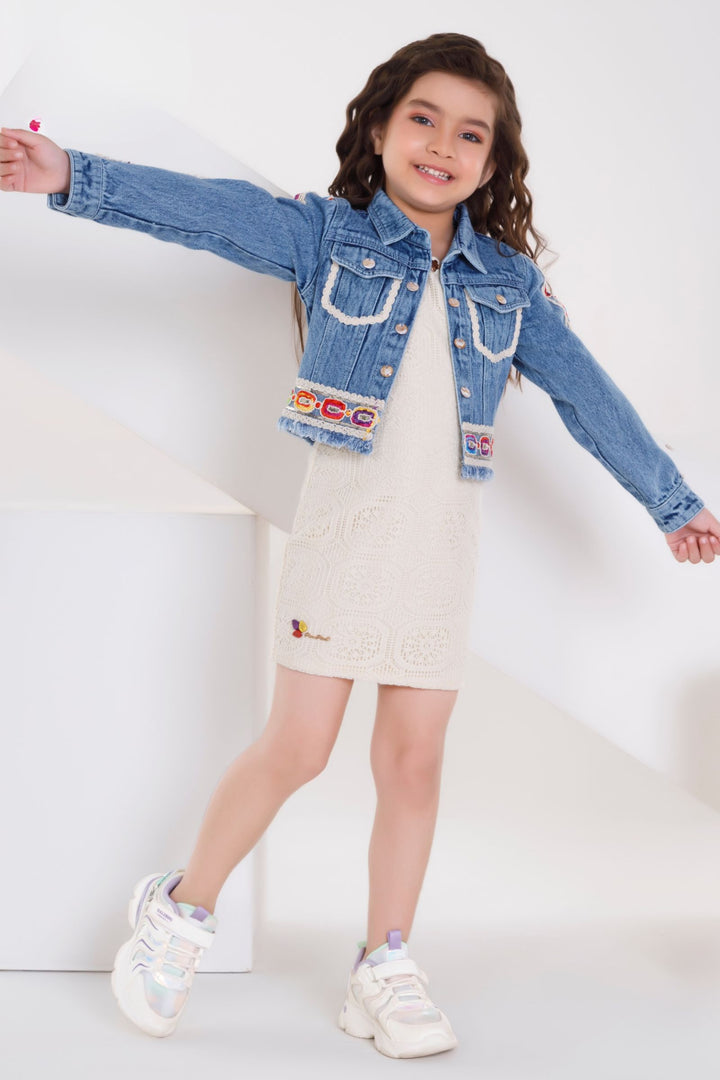 Cream with Blue Sequins and Thread work Jacket Styled Short Frock For Girls