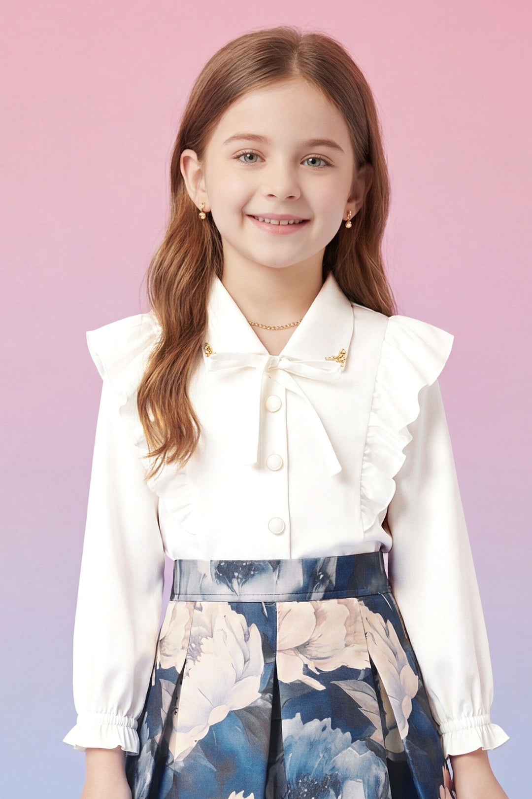 White with Blue Floral Print Top and Skirt for Girls