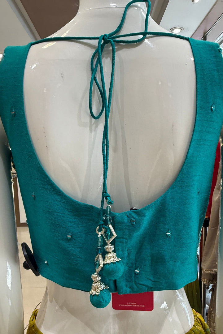 Rama Blue with Olive Green Mirror, Stone, Beads and Banaras work Lehenga