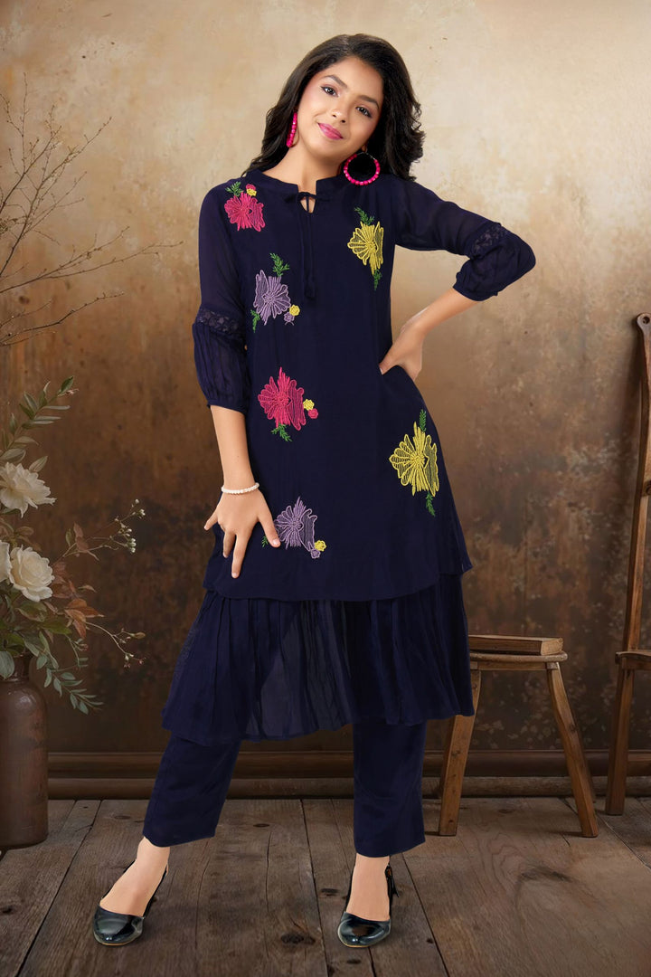 Navy Blue Multicolor Embroidery and Beads work Casual Kurti for Girls