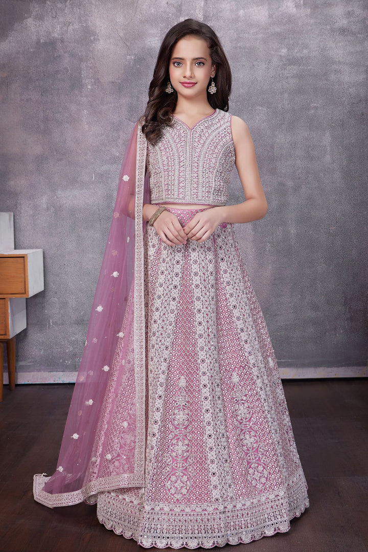 Pink Zari Thread, Stone and Pearl work Lehenga Choli for Girls