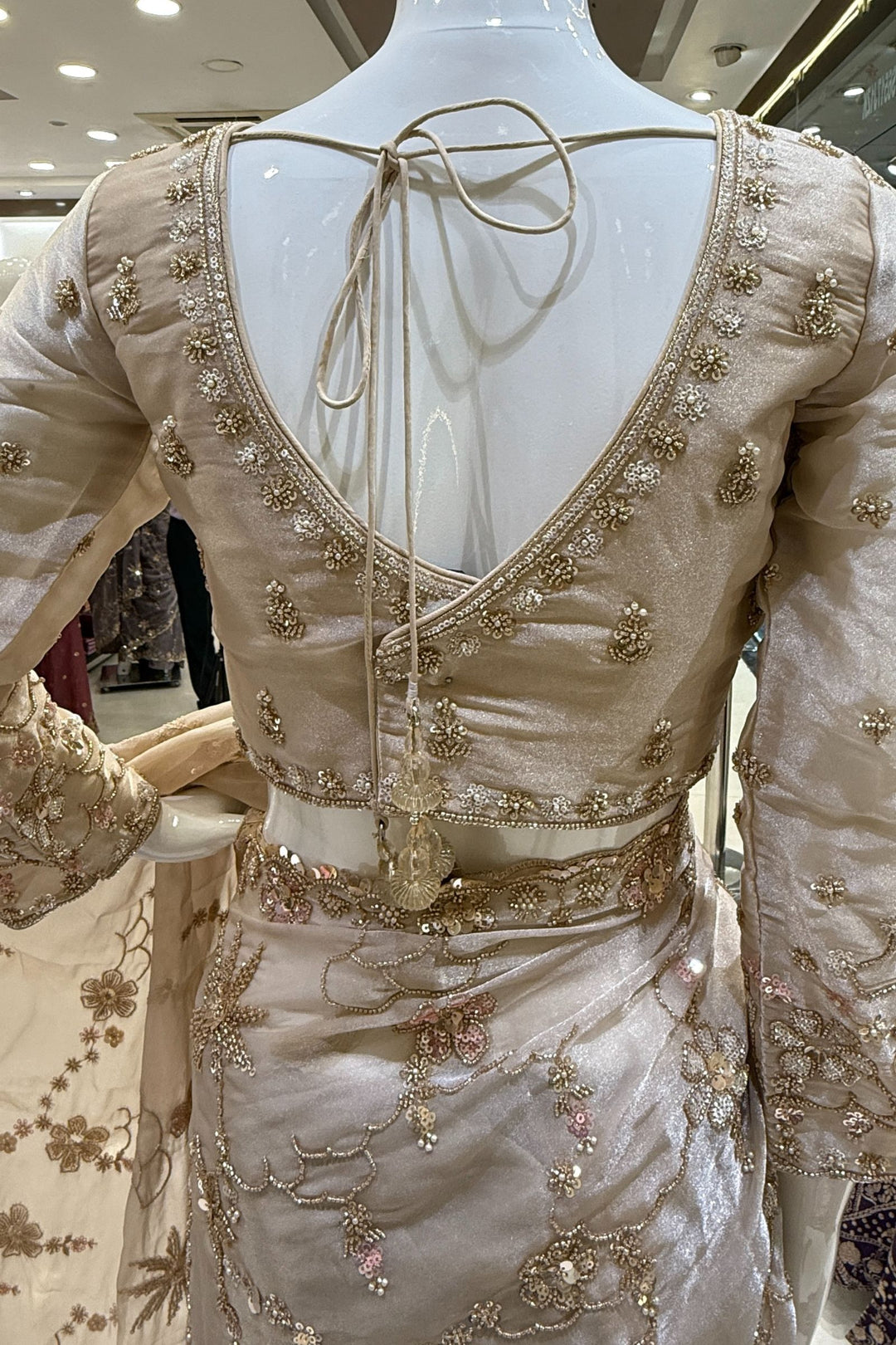 Light Beige Sequins, Beads, Zari and Pearls work Saree