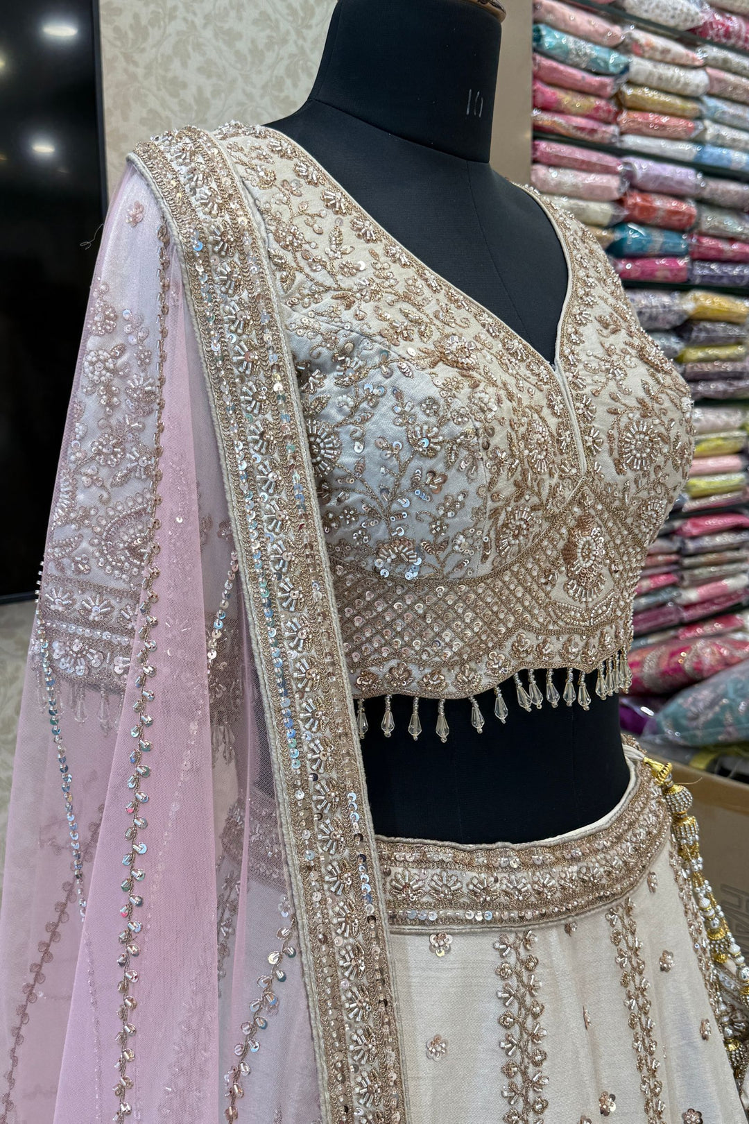 Designer Wedding Lehenga in Cream with Beads, Zari and Sequins Work