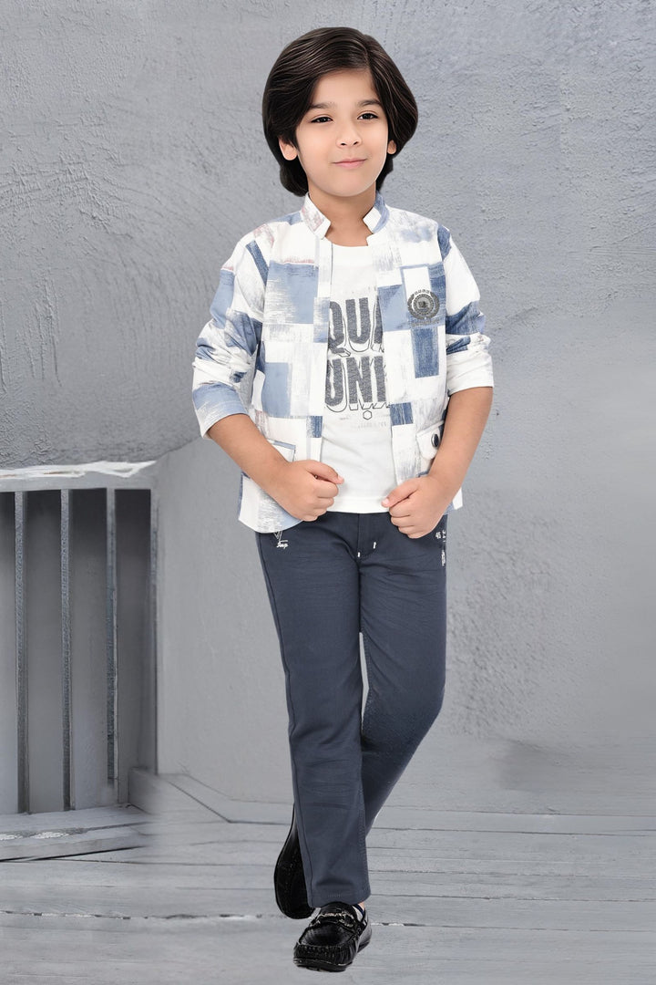 White with Printed Blazer, T-Shirt and Blue Pant Set for Boys with Belt