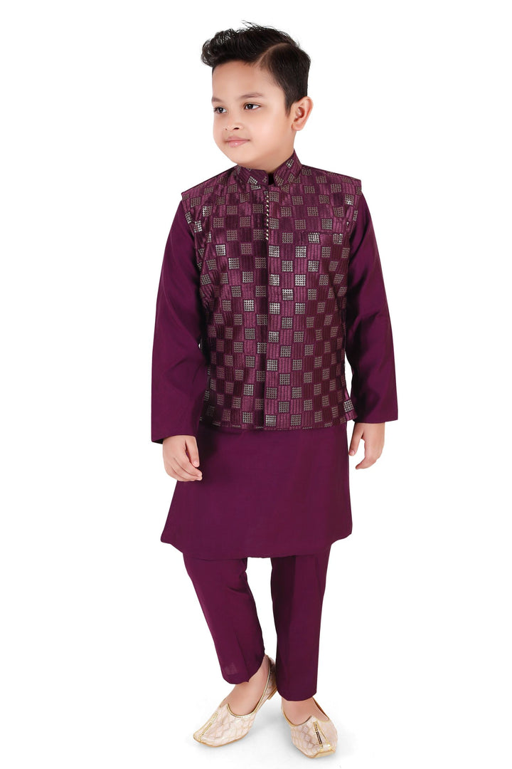 Wine Thread and Sequins work Waist Coat Kurta Set for Boys