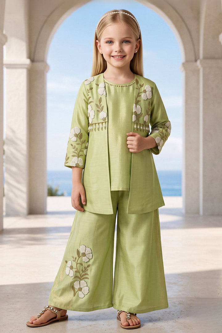 Pista Green Beads, Zari and Thread work Jacket Styled Palazzo Set for Girls