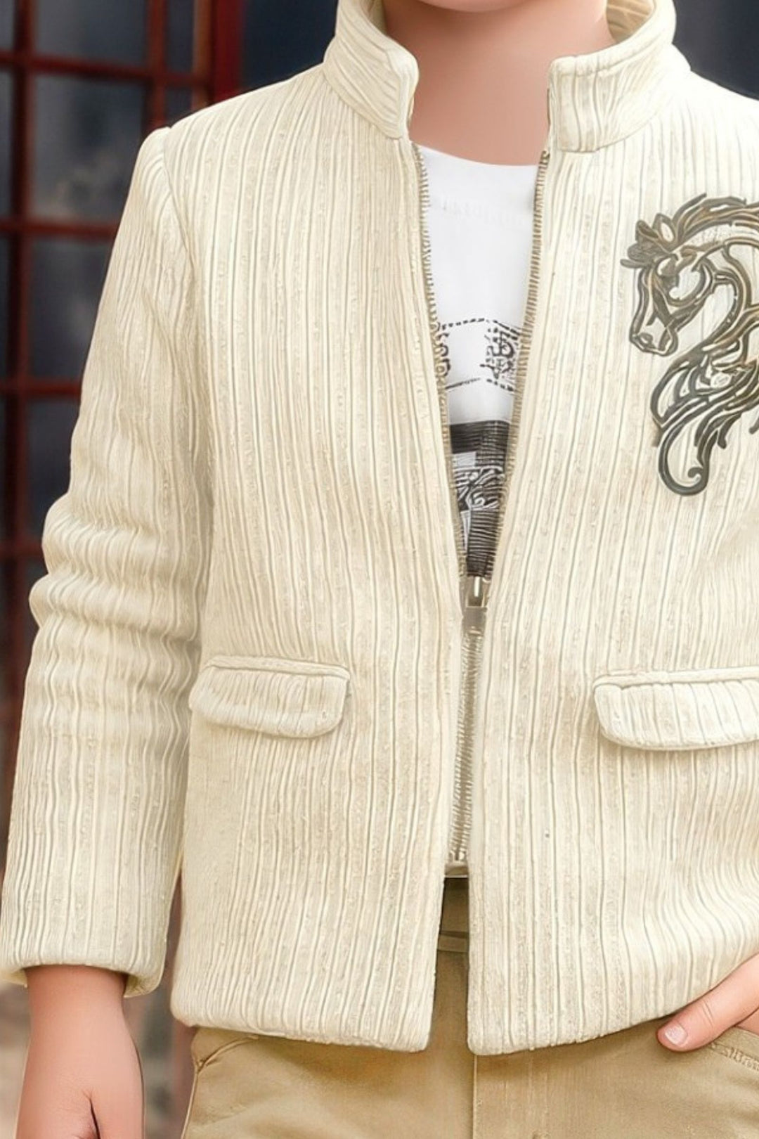 Cream Boys Blazer Set with Cream Printed T-Shirt and Light Khaki Pants
