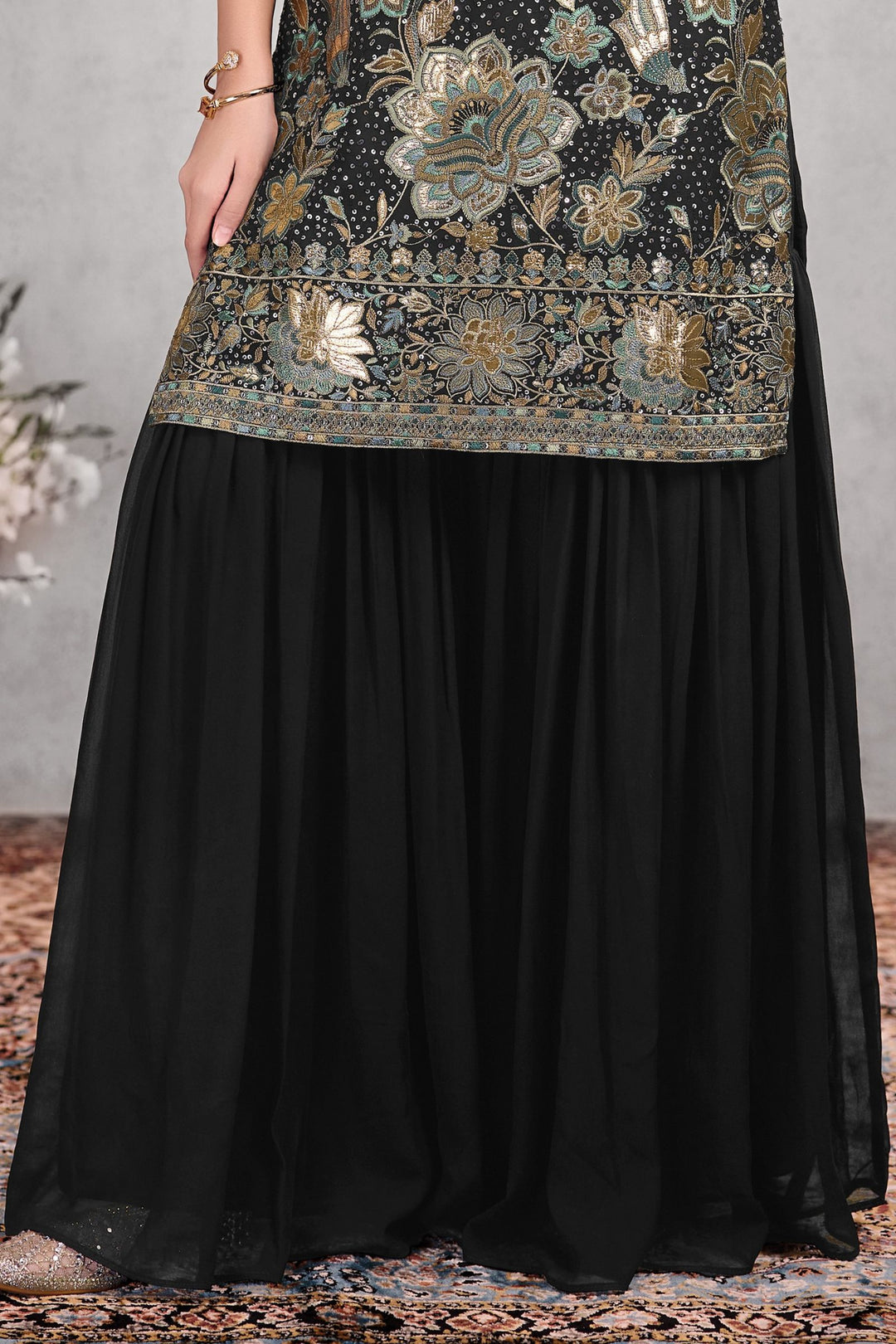 Black Embroidery, Zari, Sequins, Stone and Mirror work Sharara Suit Set for Girls