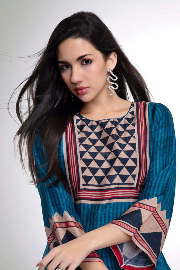 Peacock Blue Digital Print Short Kurti