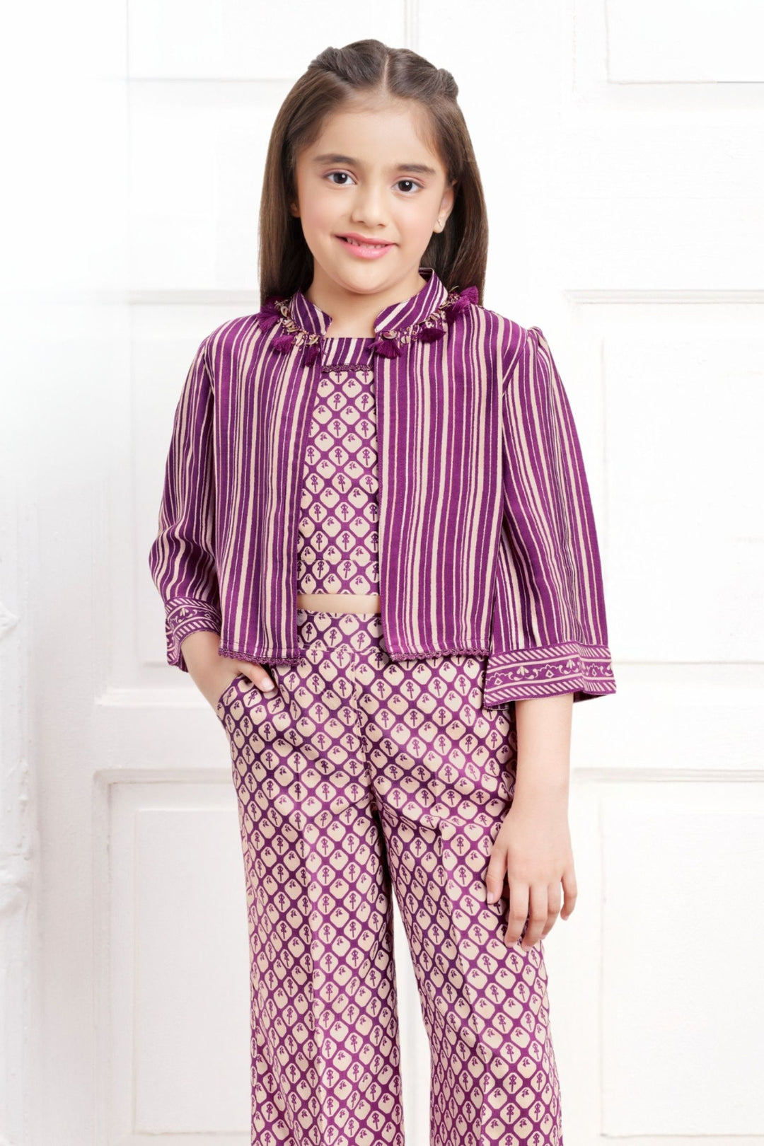 Wine Multicolor Digital Print Jacket Styled Co-ord Set for Girls