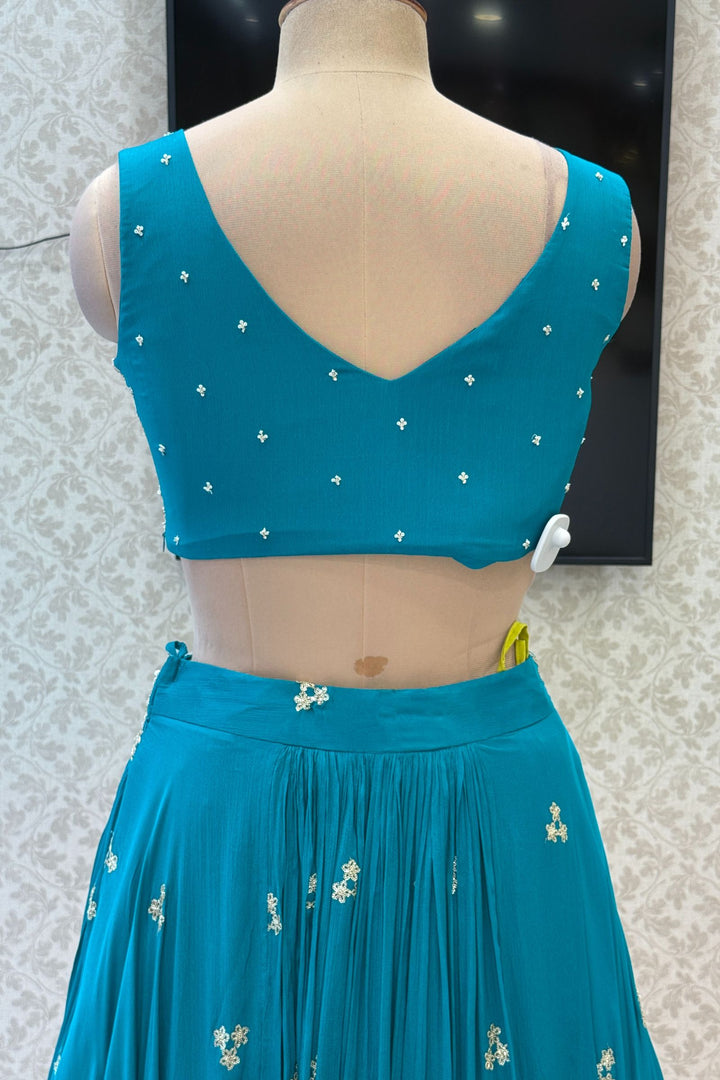 Rama Blue Sequins, Beads, Mirror, Zardozi and Zari work Crop Top Lehenga