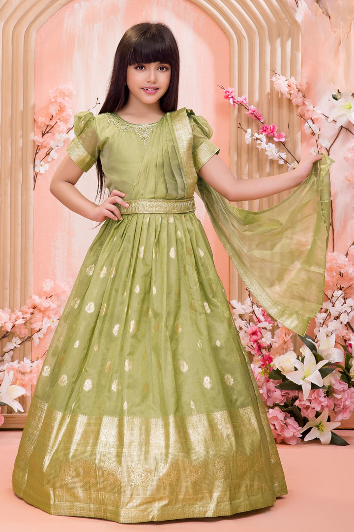 Green Zari, Zardozi, Sequins, Stone and Thread work Long Party Gown for Girls