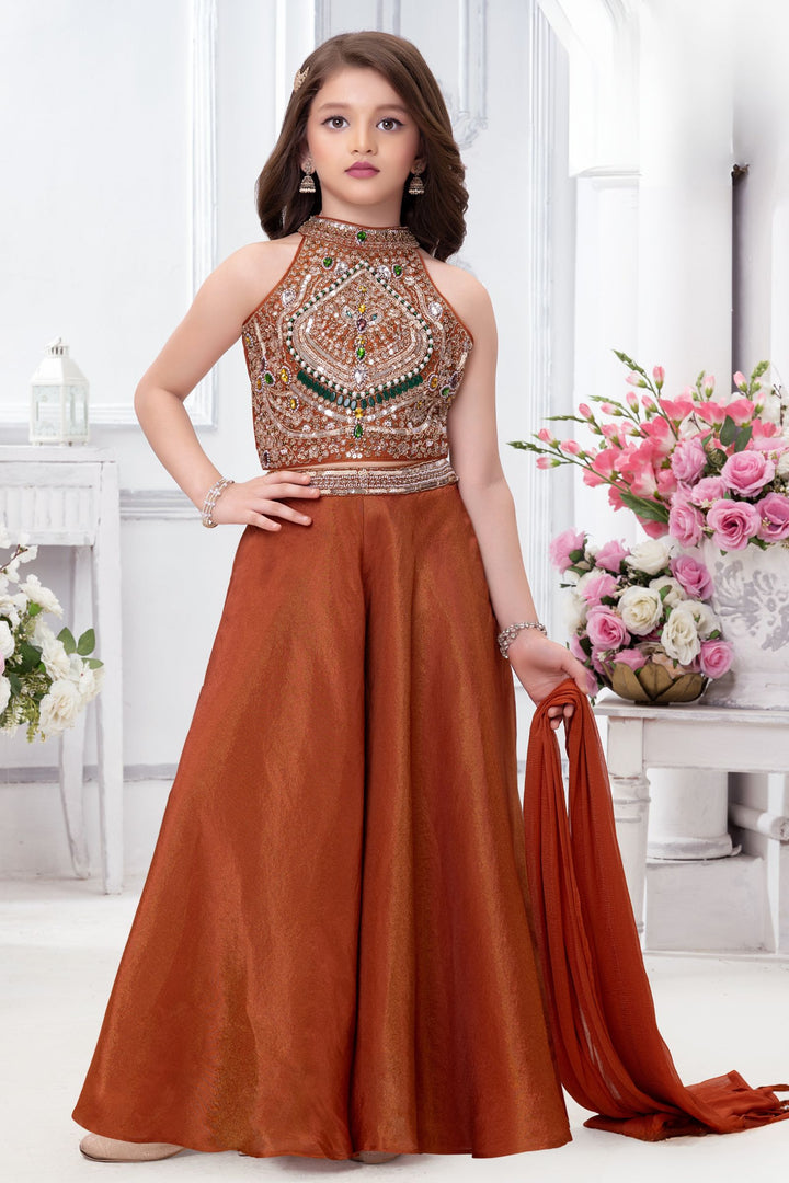 Rust Stone, Sequins, Beads, Kundan and Pearl work Palazzo Suit Set for Girls