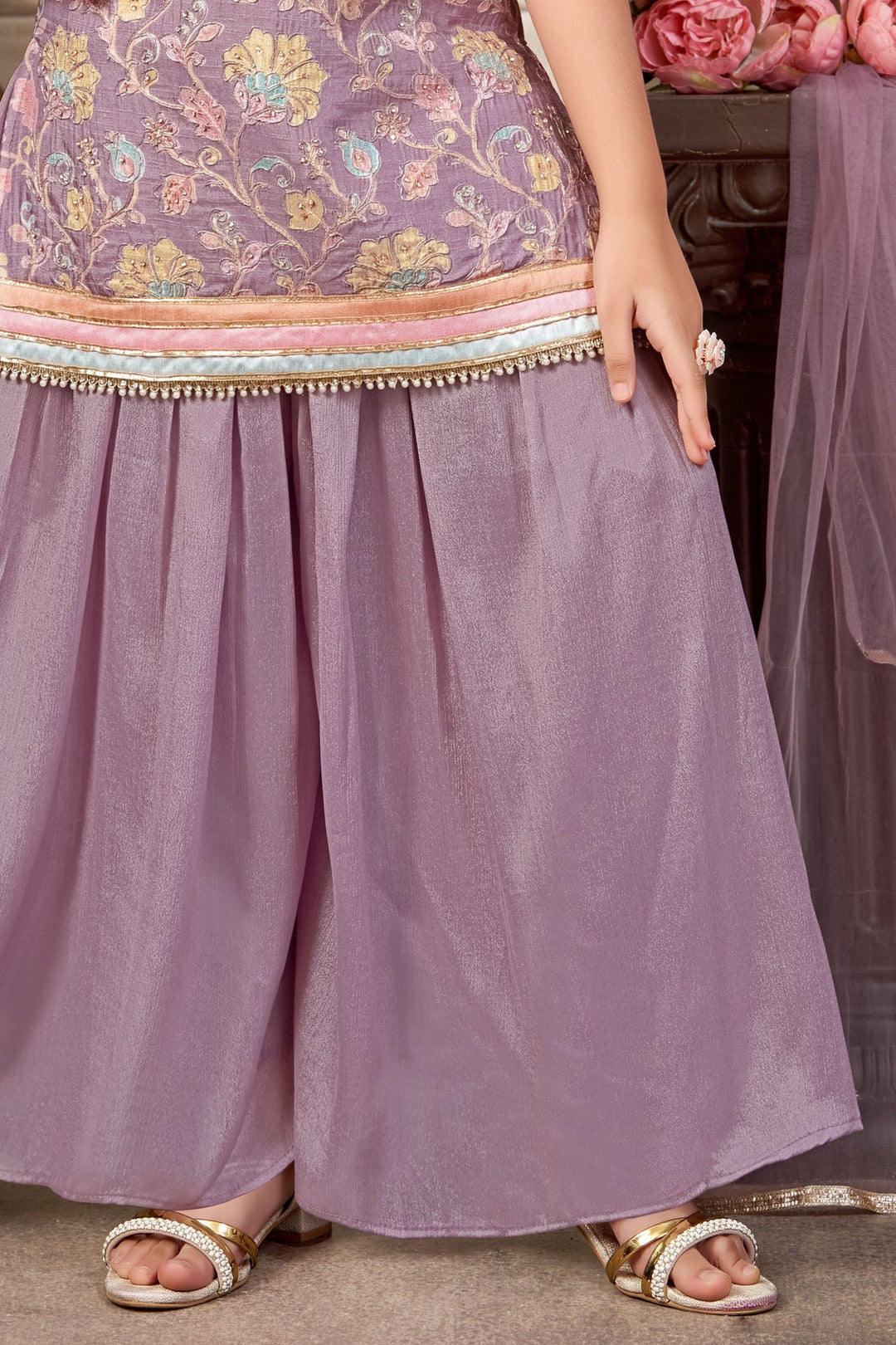 Lavender Zari, Stone, Mirror and Beads work with Floral Print Palazzo Suit Set for Girls