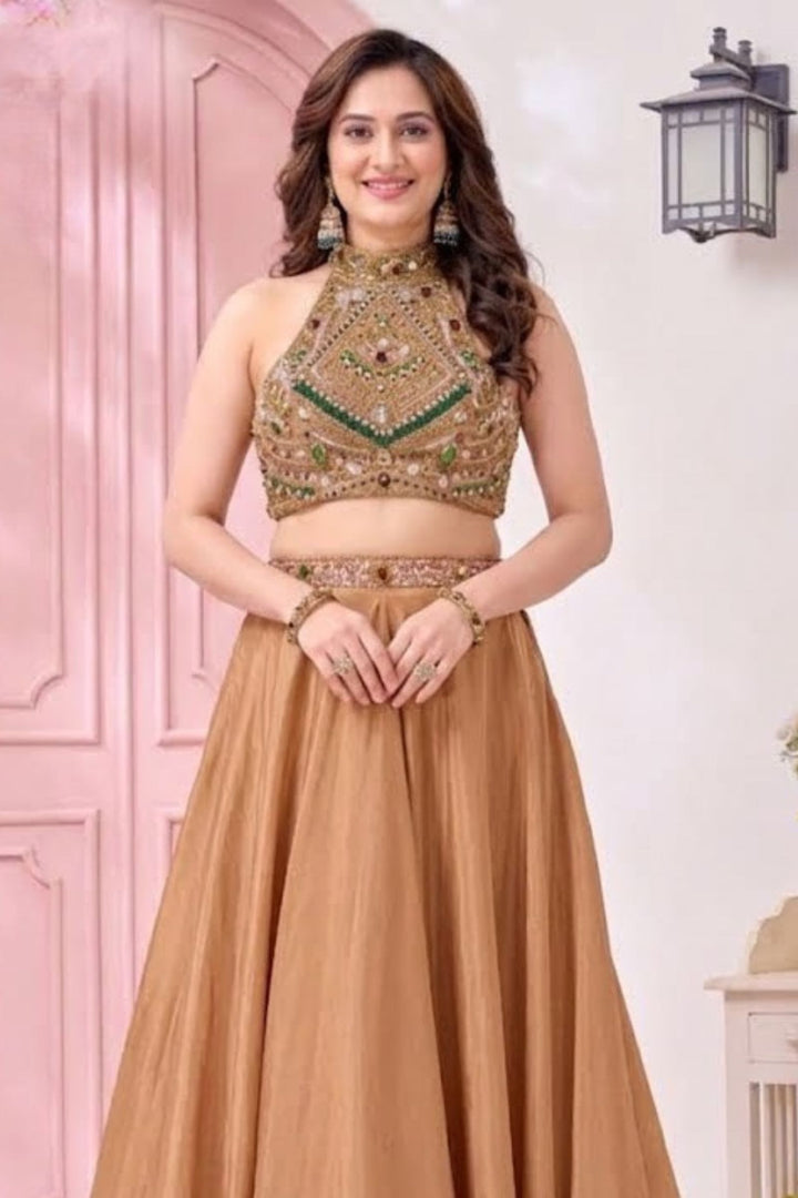 Gold Stone, Beads, Zardozi, Sequins and Pearl work with Halter Neck Lehenga