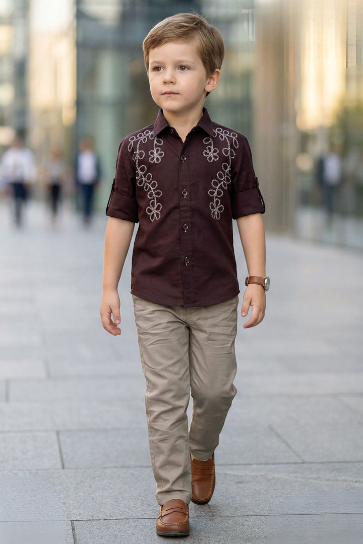 Wine Thread work Shirt and Grey Pant Set for Boys