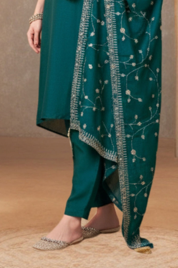 Teal Blue Beads, Pearl, Zardozi, Stone, Zari and Sequins work Aline Cut Salwar Suit