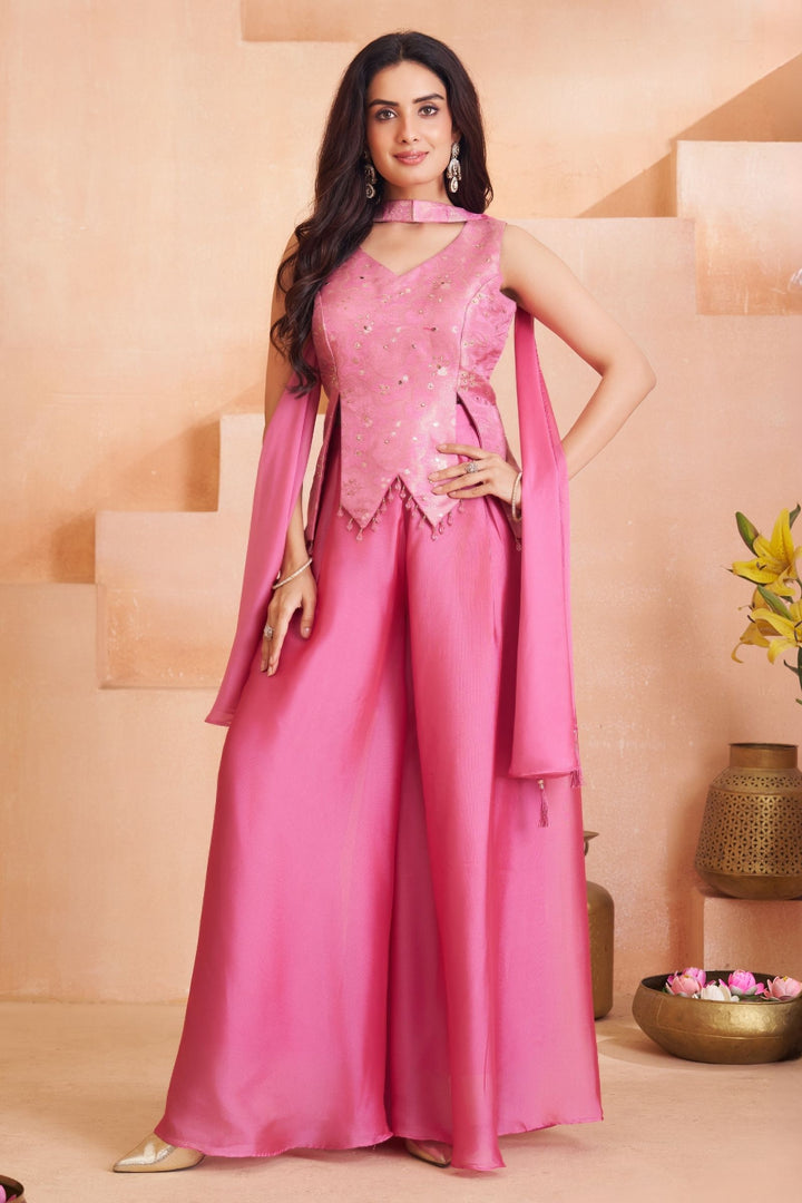 Pink Kundan and Beads work Palazzo Suit Set