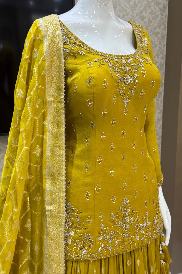 Yellow Mirror, Stone, Sequins, Zari, Beads and Banaras work Top with Lehenga