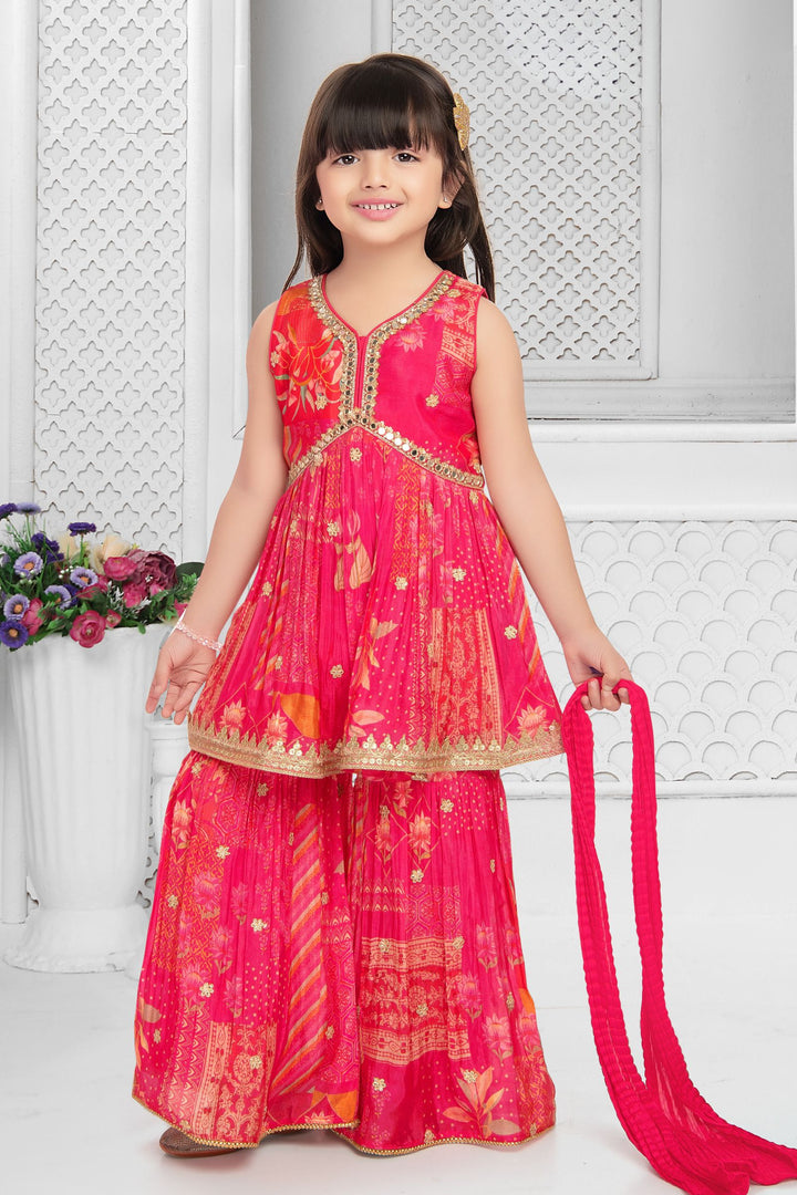 Rani Pink Digital Print, Mirror, Sequins, Beads and Zari work Peplum Top and Sharara Set for Girls