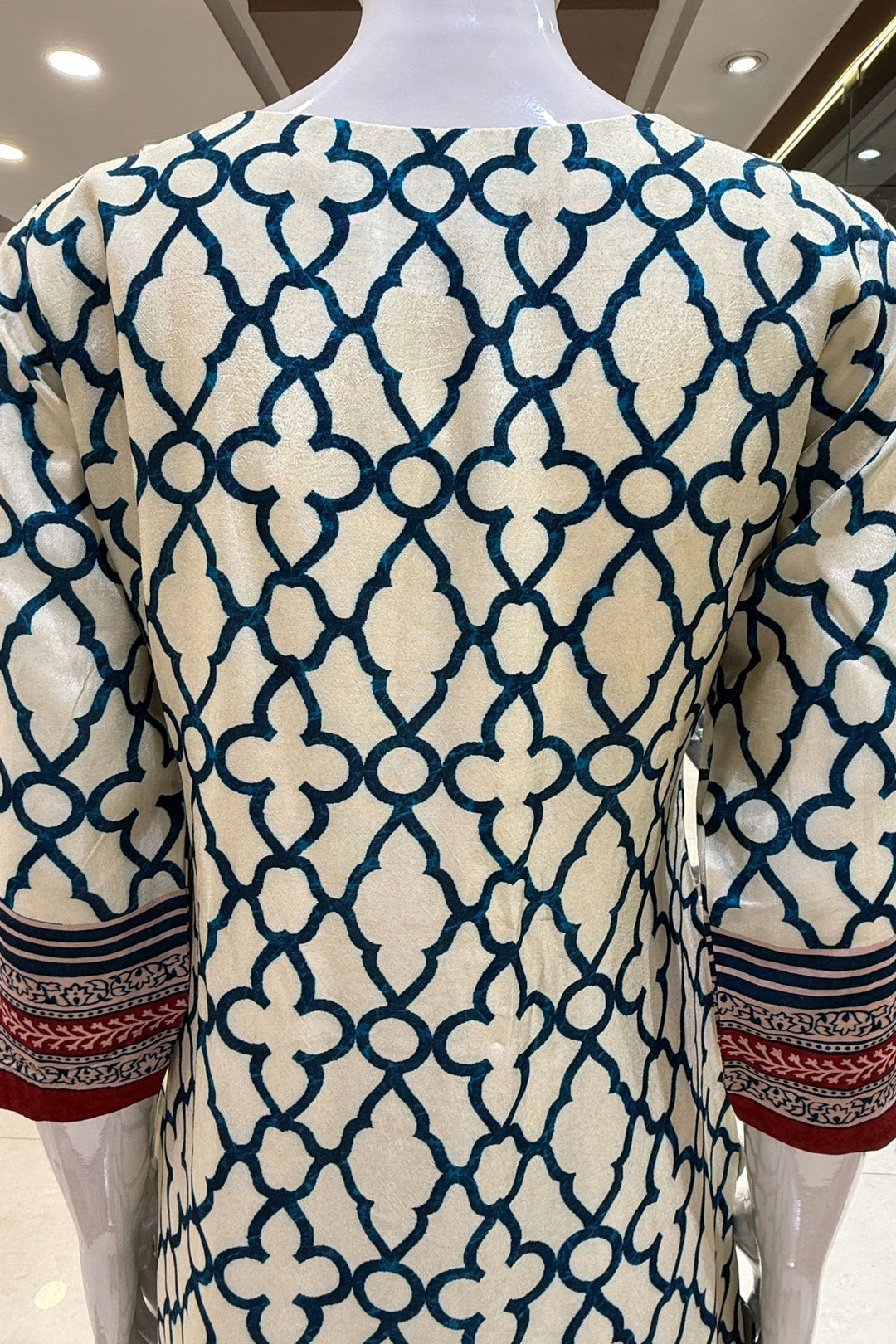 Cream with Peacock Blue Beads and Mirror work with Ajrakh Print Straight Cut Salwar Suit