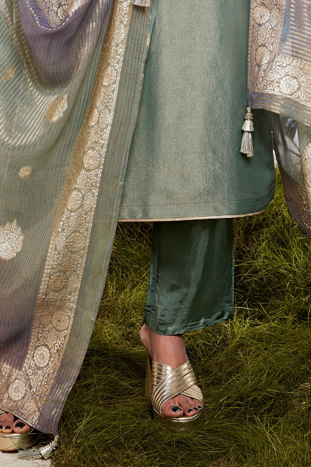 Peacock Green Beads, Pearl, Zardozi, Sequins and Zari work Straight Cut Salwar Suit