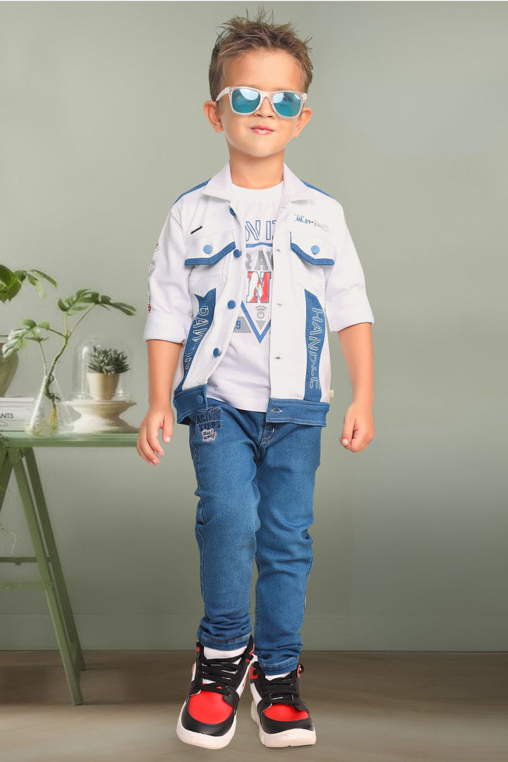 White with Blue Blazer, Printed T-Shirt and Pant Set for Boys