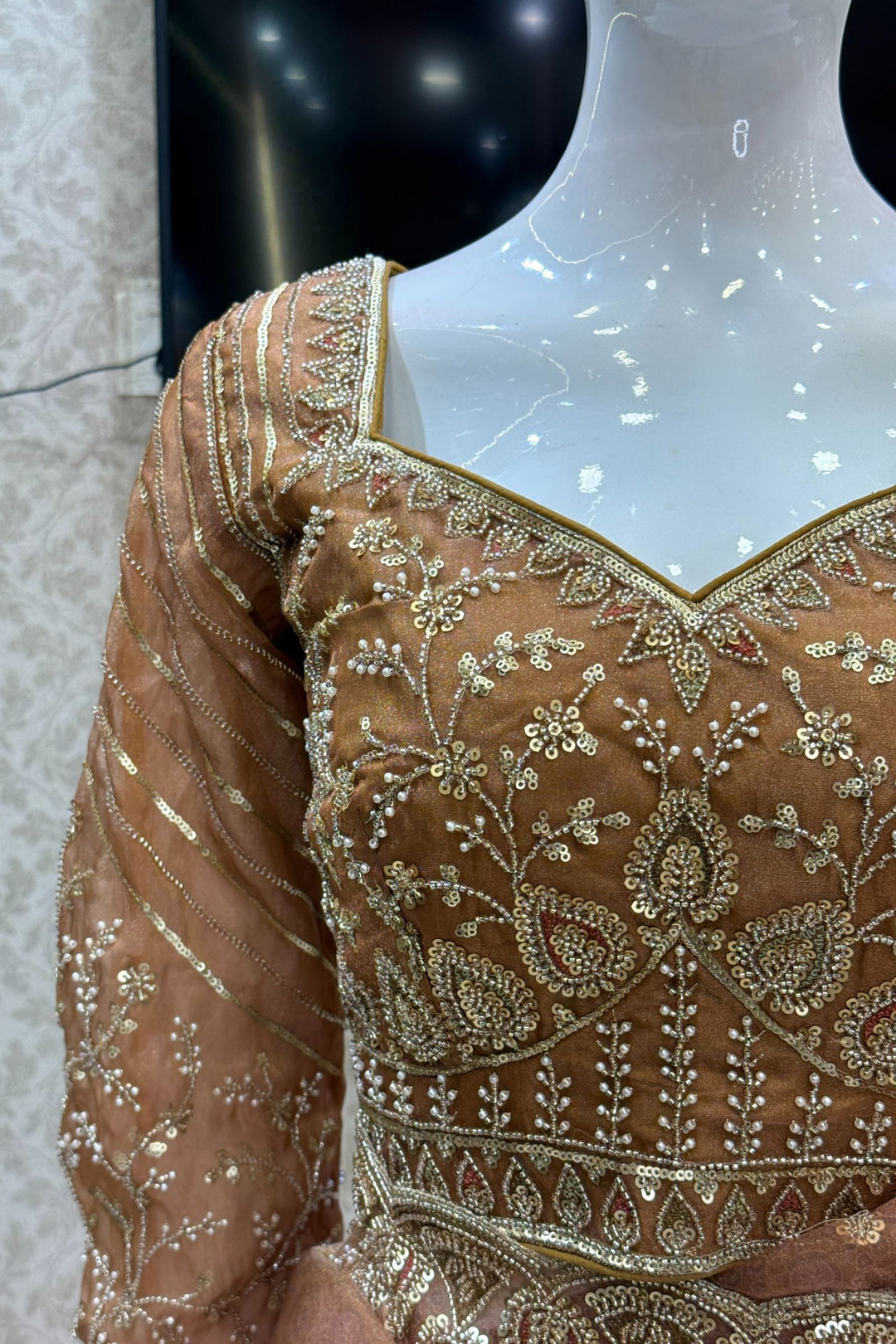 Mustard Pearls, Beads and Multicolor Thread work with Self Print Saree