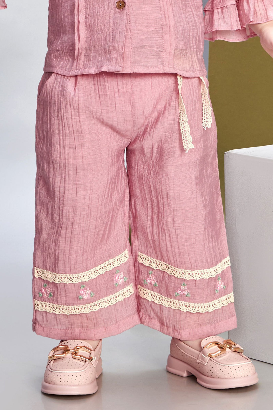 Pink with Lace work Top and Palazzo Set for Girls
