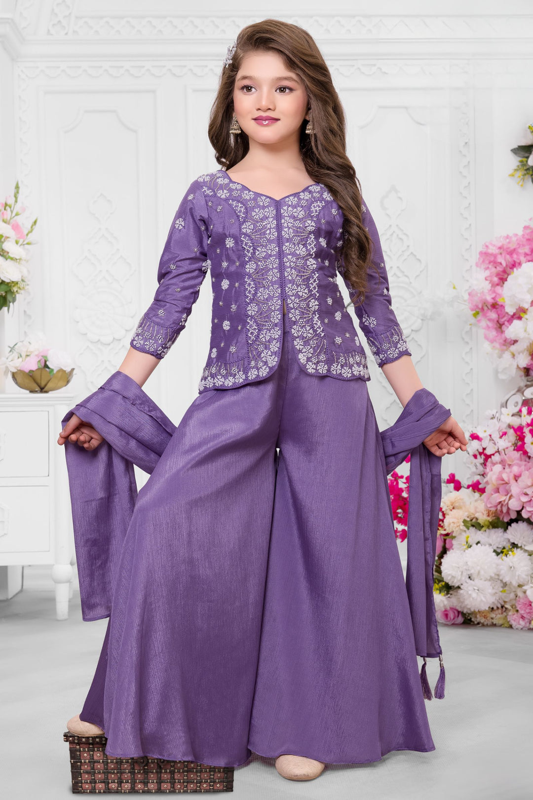 Lavender Beads work Palazzo Suit Set for Girls